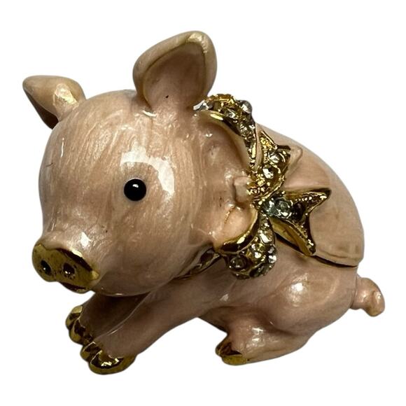 PIG PINK Metal Enamel Hinged Jewelry Trinket Box Jeweled Rhinestone. - Picture 1 of 5